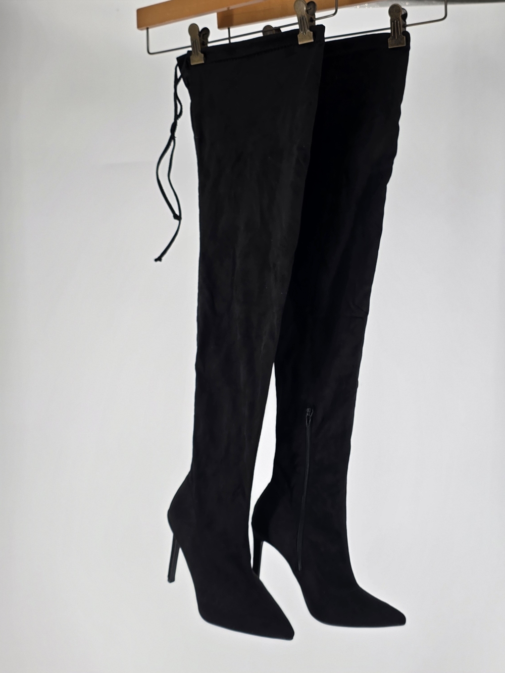 Black Faux Suede Thigh High Pointed Toe Boots Size 10